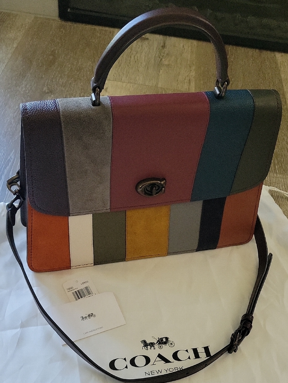 Coach Parker Top Handle 32 w/Patchwork Stripes Suede & Leather - Picture 2 of 16